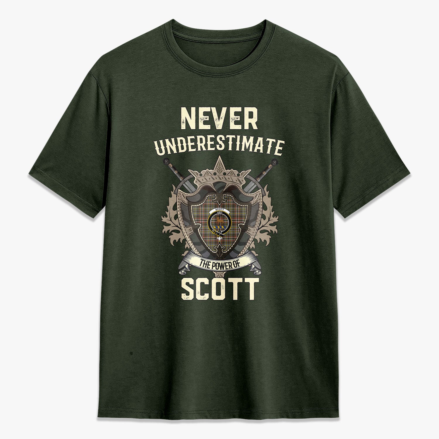 Scott Green Weathered Tartan Crest 2D T-shirt - Never Underestimate Style