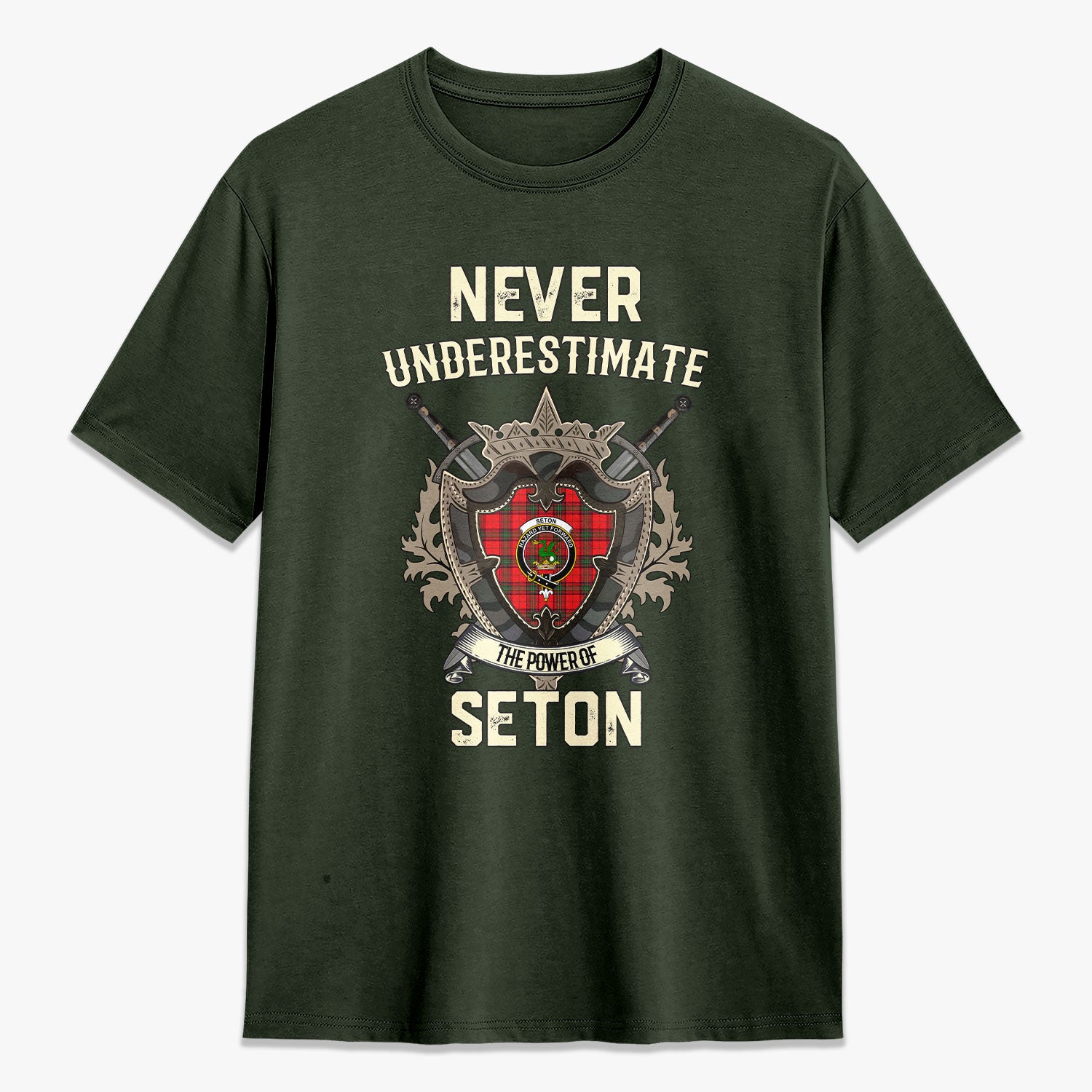 Seton Modern Tartan Crest 2D T-shirt - Never Underestimate Style
