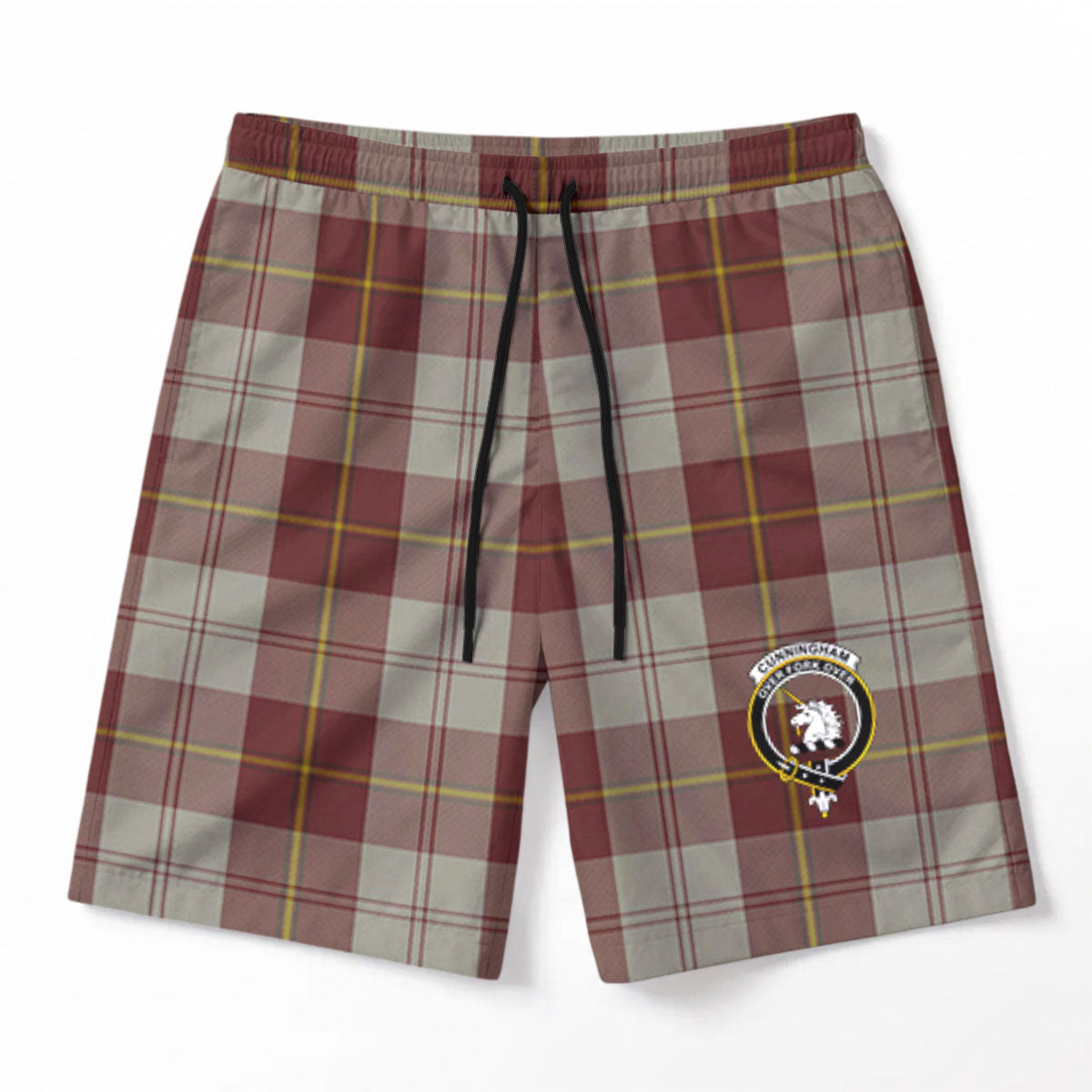 Cunningham Burgundy Dancers Tartan Crest Men's Beach Shorts