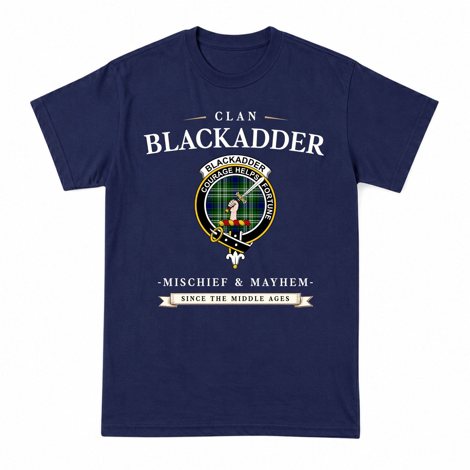 Blackadder Tartan Crest Mischief and Mayhem T-shirt