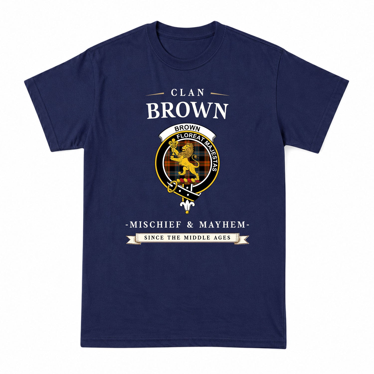 Brown Ancient Tartan Crest Mischief and Mayhem T-shirt