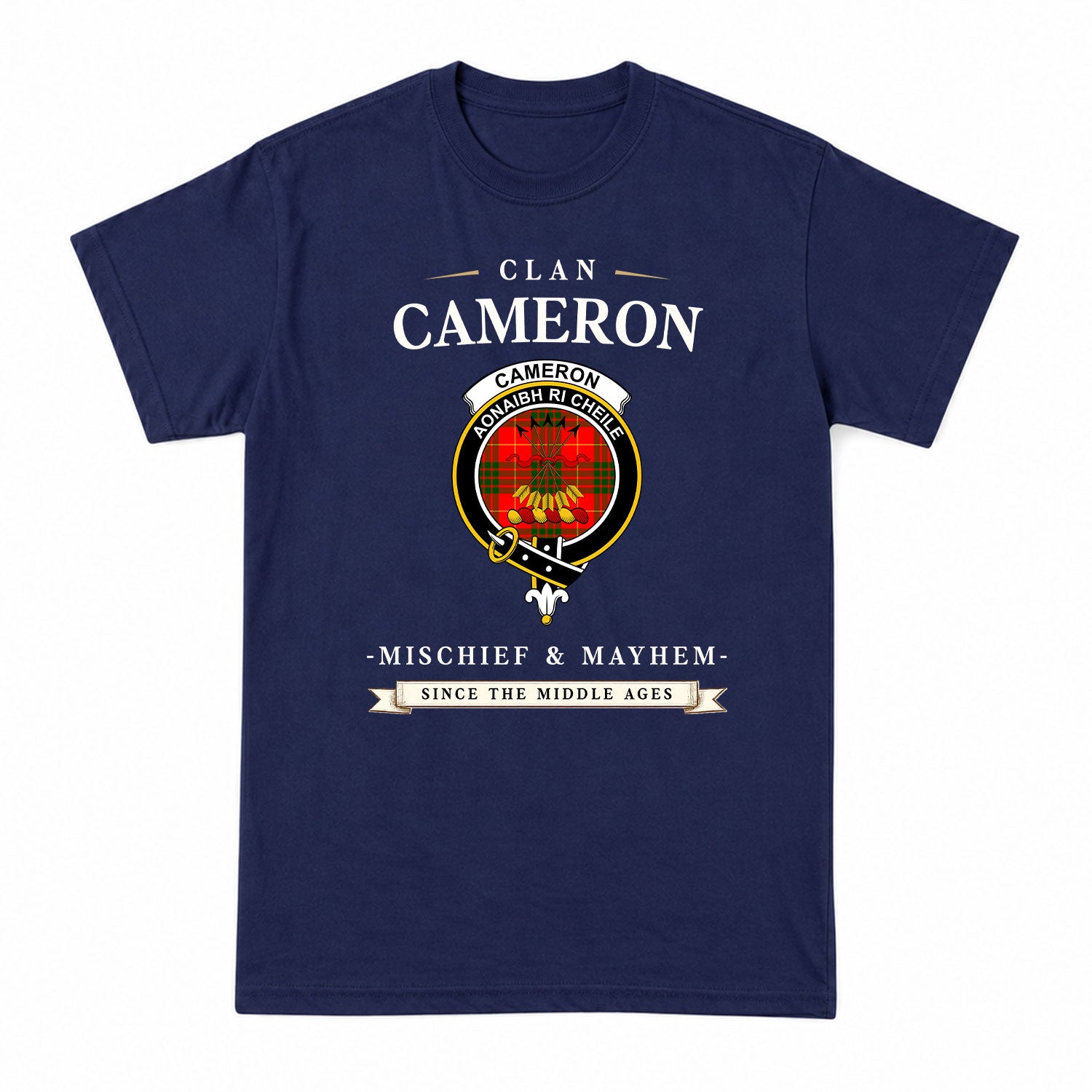 Cameron Modern Tartan Crest Mischief and Mayhem T-shirt