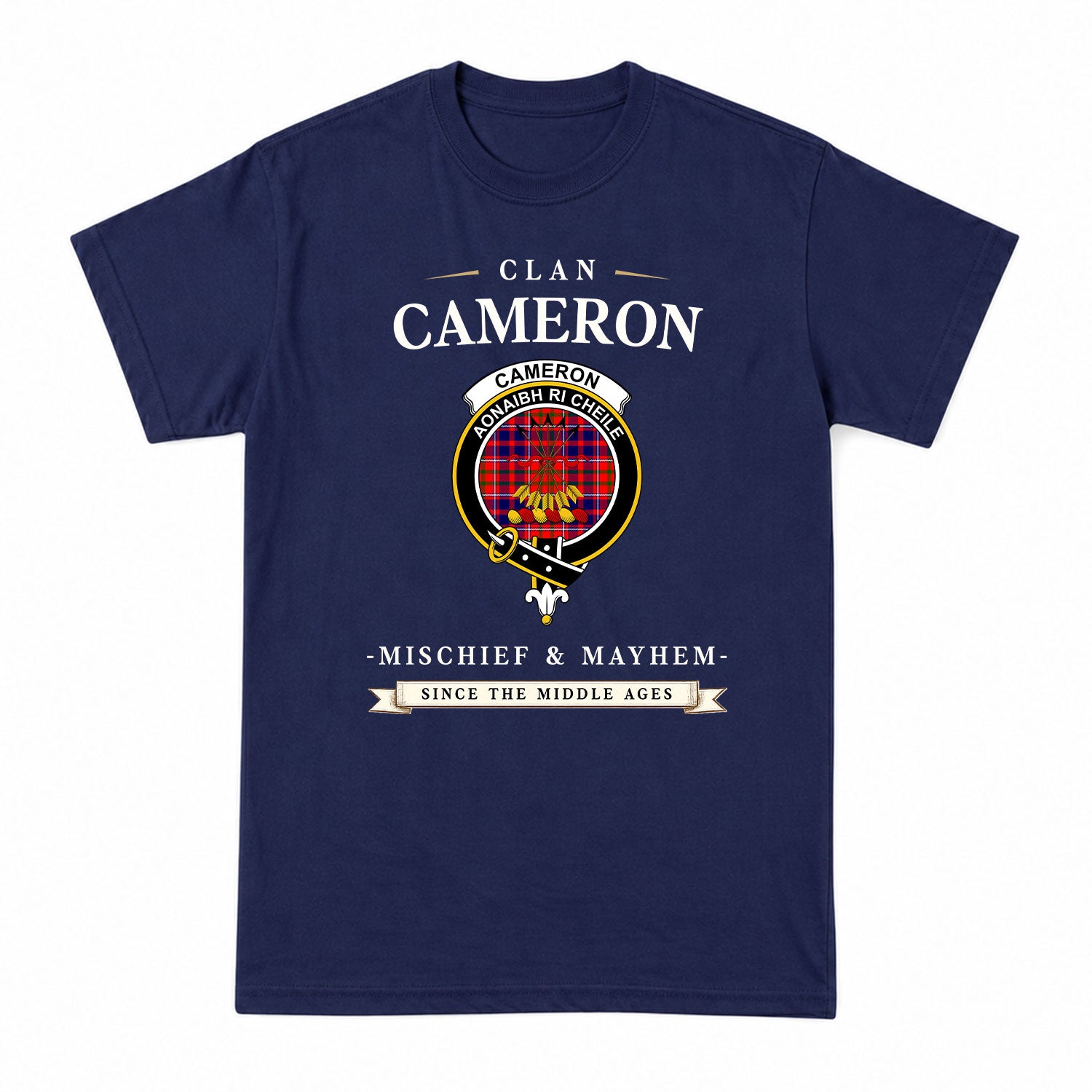 Cameron of Lochiel Modern Tartan Crest Mischief and Mayhem T-shirt