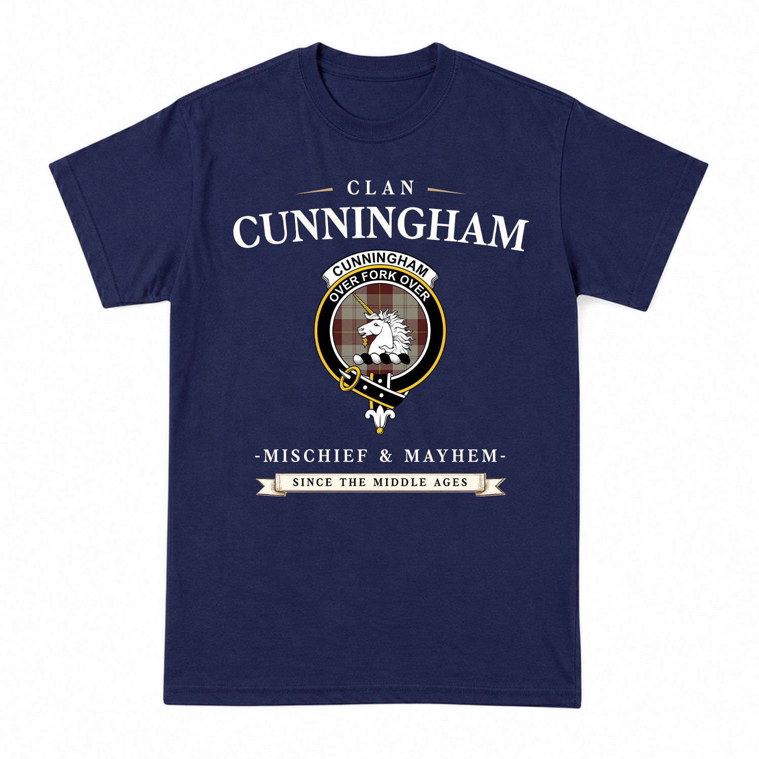 Cunningham Burgundy Dancers Tartan Crest Mischief and Mayhem T-shirt