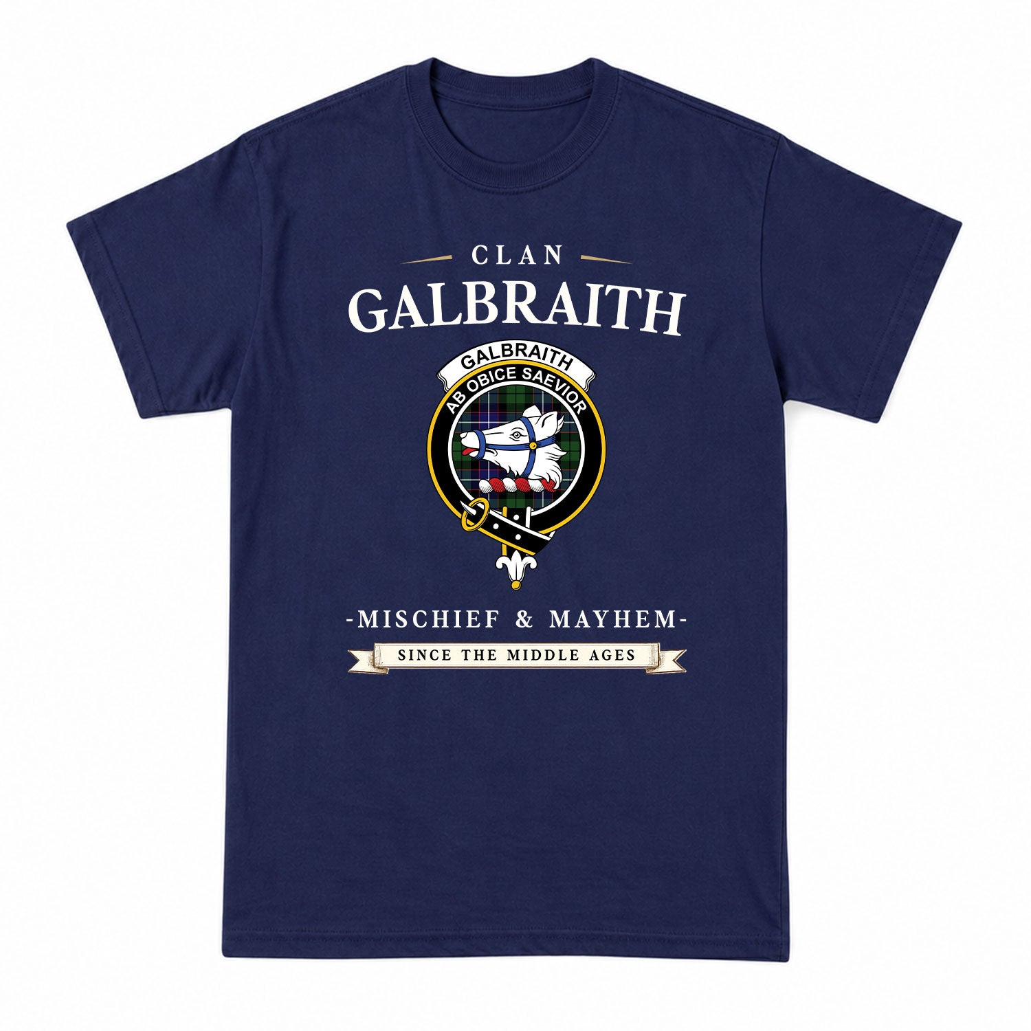 Galbraith Modern Tartan Crest Mischief and Mayhem T-shirt