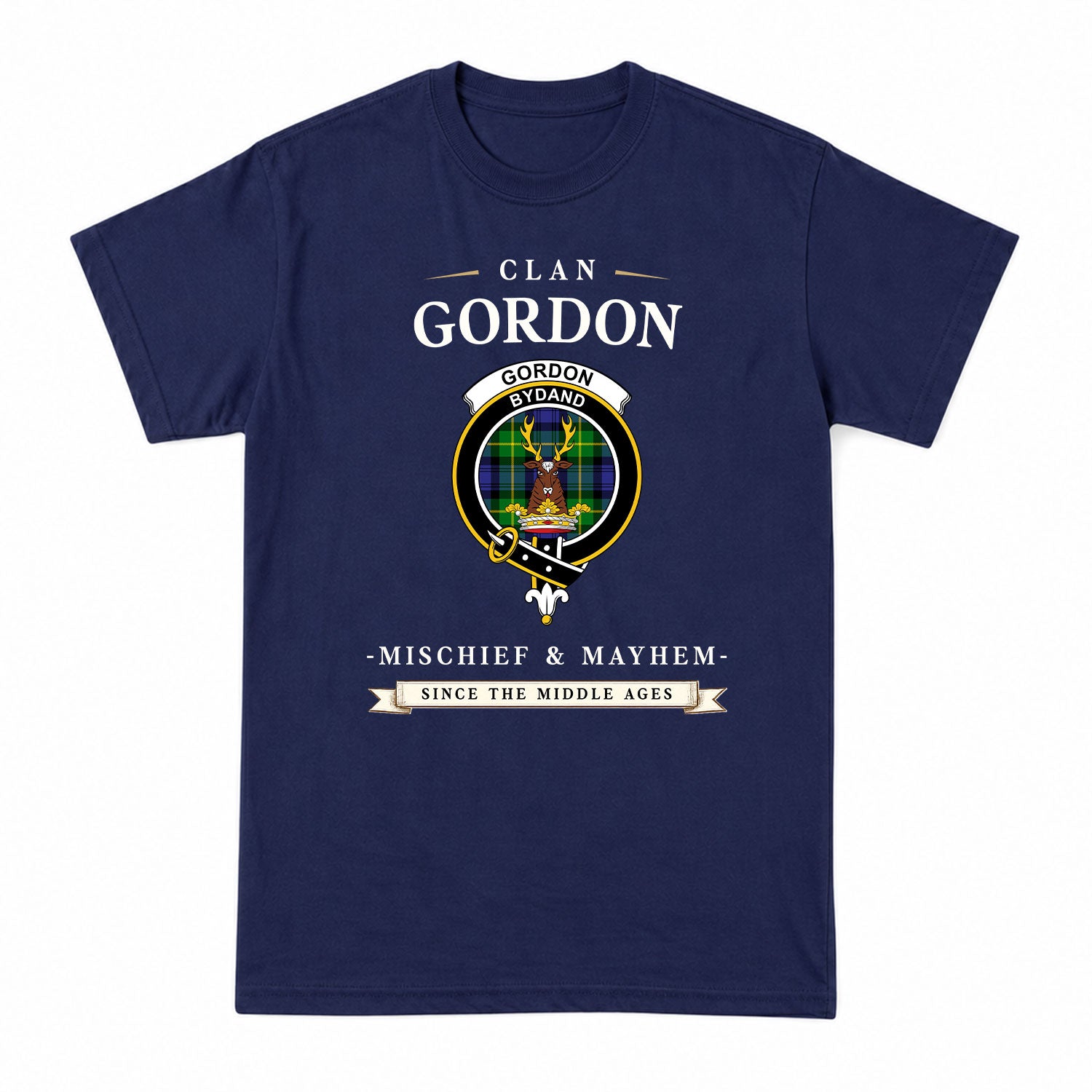 Gordon Modern Tartan Crest Mischief and Mayhem T-shirt