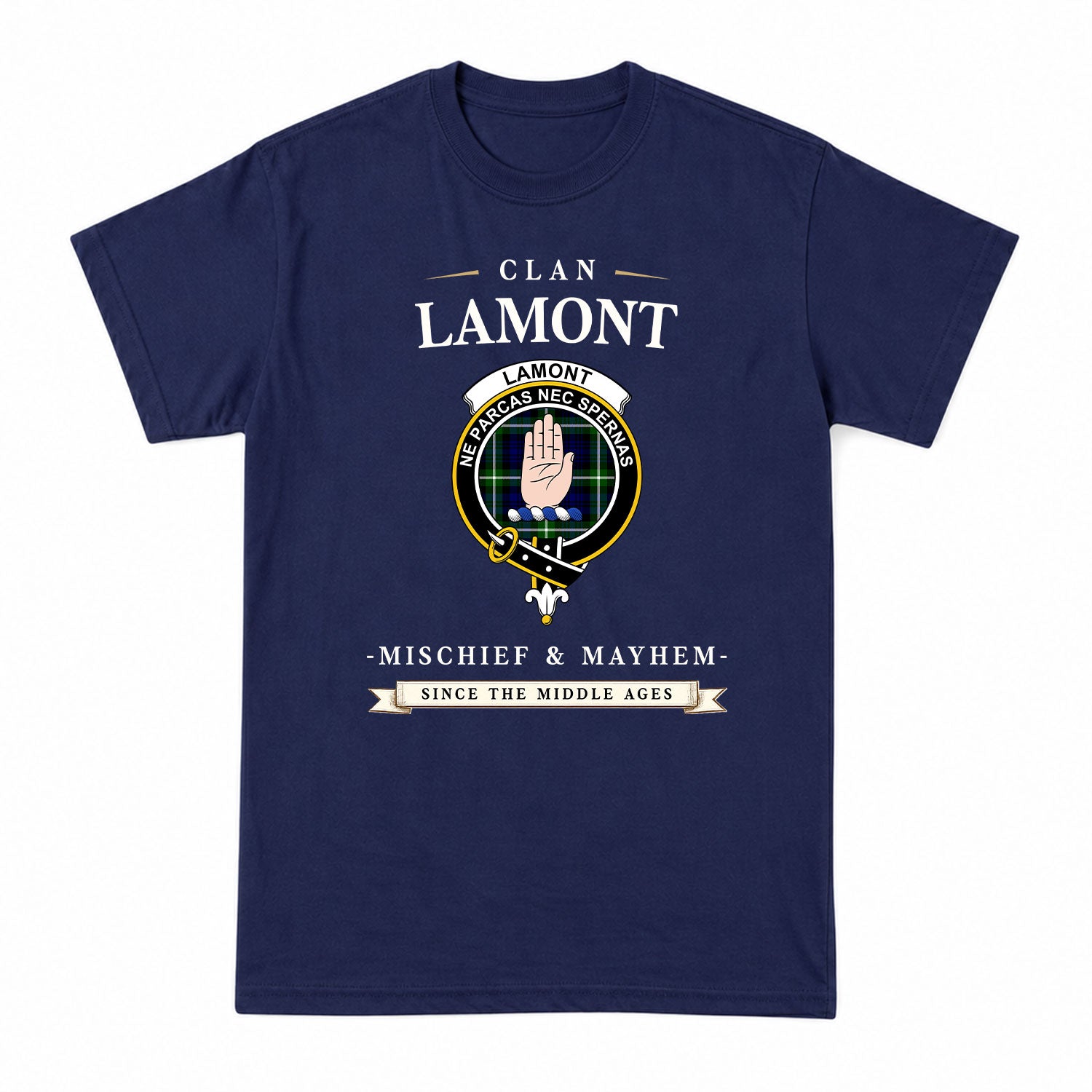 Lamont Modern Tartan Crest Mischief and Mayhem T-shirt