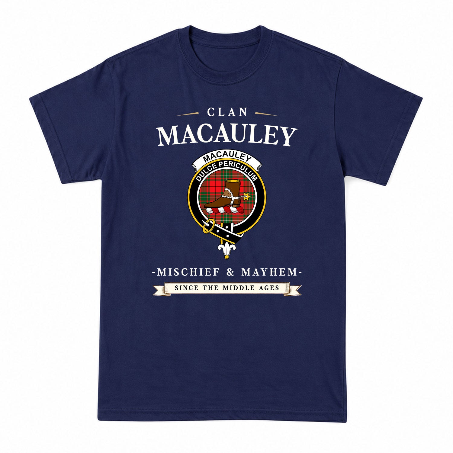 MacAuley Modern Tartan Crest Mischief and Mayhem T-shirt