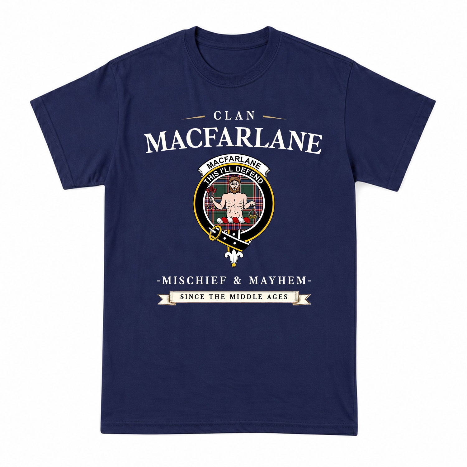 MacFarlane Hunting Modern Tartan Crest Mischief and Mayhem T-shirt