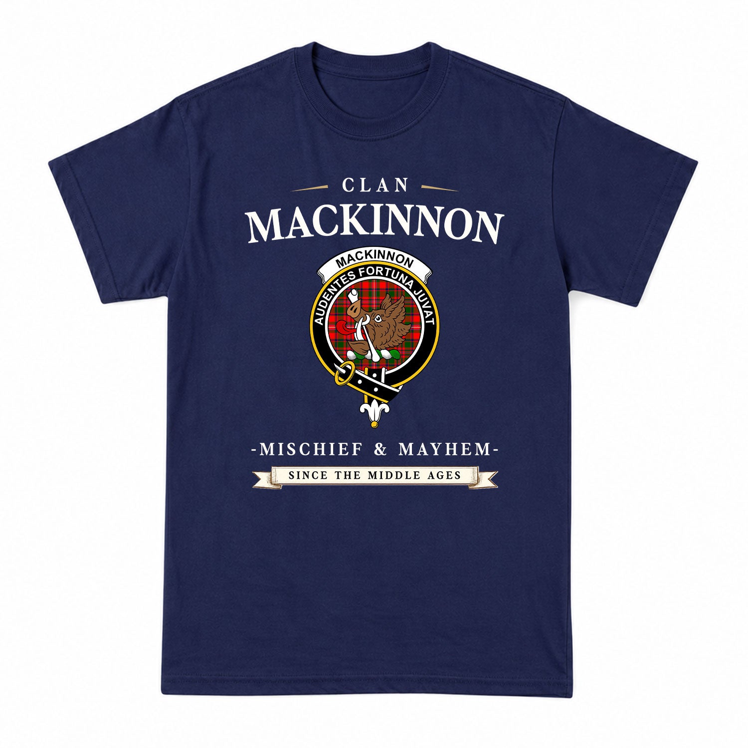 MacKinnon Modern Tartan Crest Mischief and Mayhem T-shirt