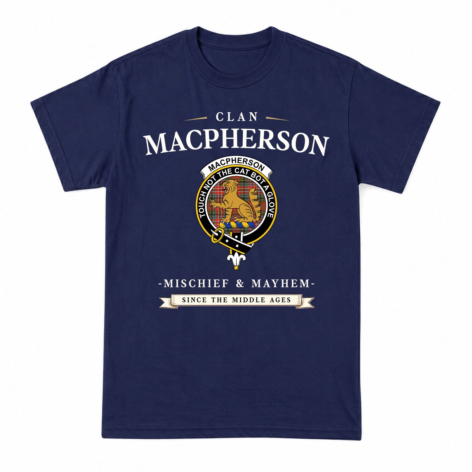 MacPherson Weathered Tartan Crest Mischief and Mayhem T-shirt