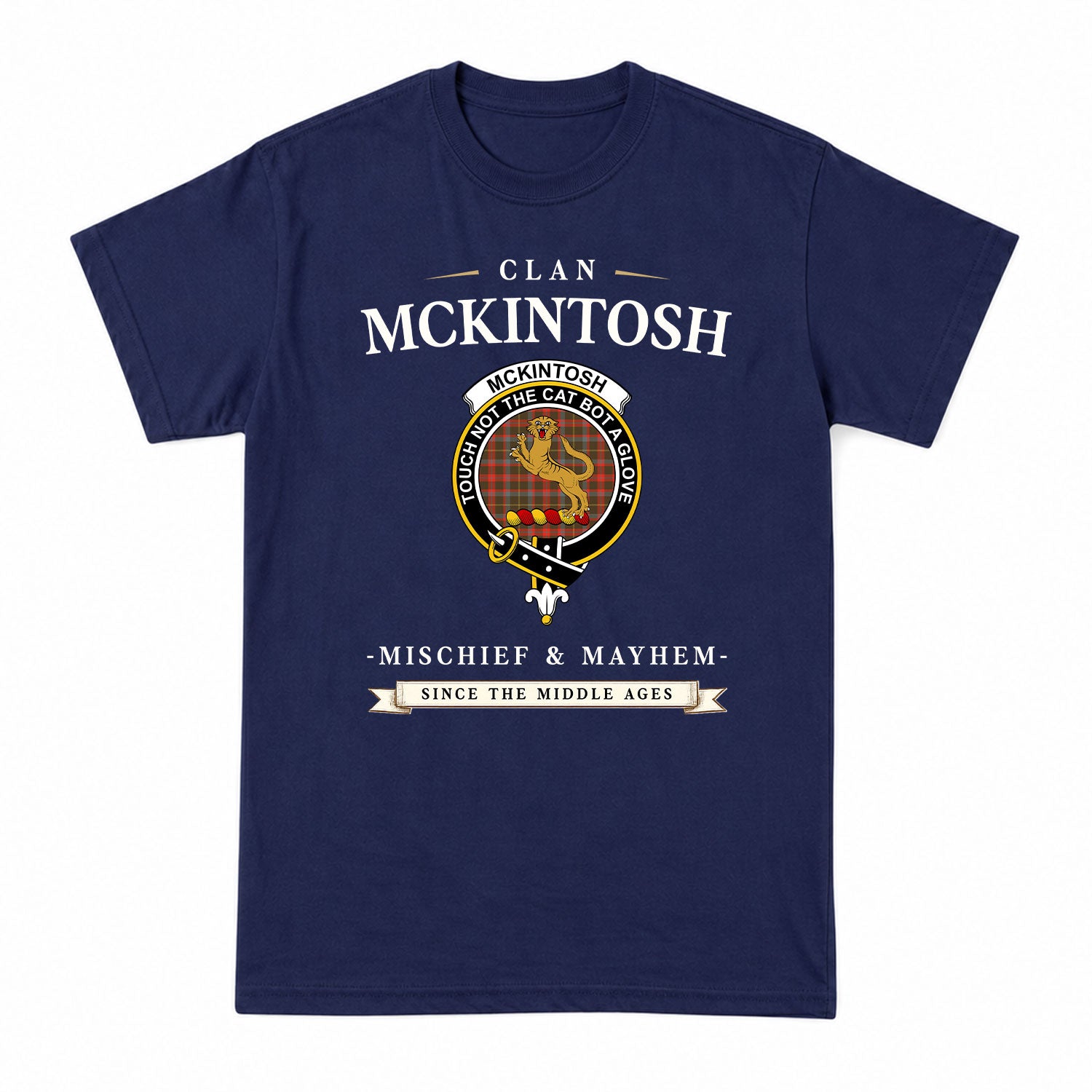 McKintosh Hunting Weathered Tartan Crest Mischief and Mayhem T-shirt
