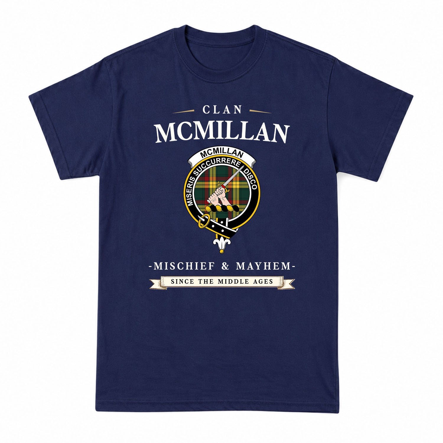 McMillan Old Modern Tartan Crest Mischief and Mayhem T-shirt