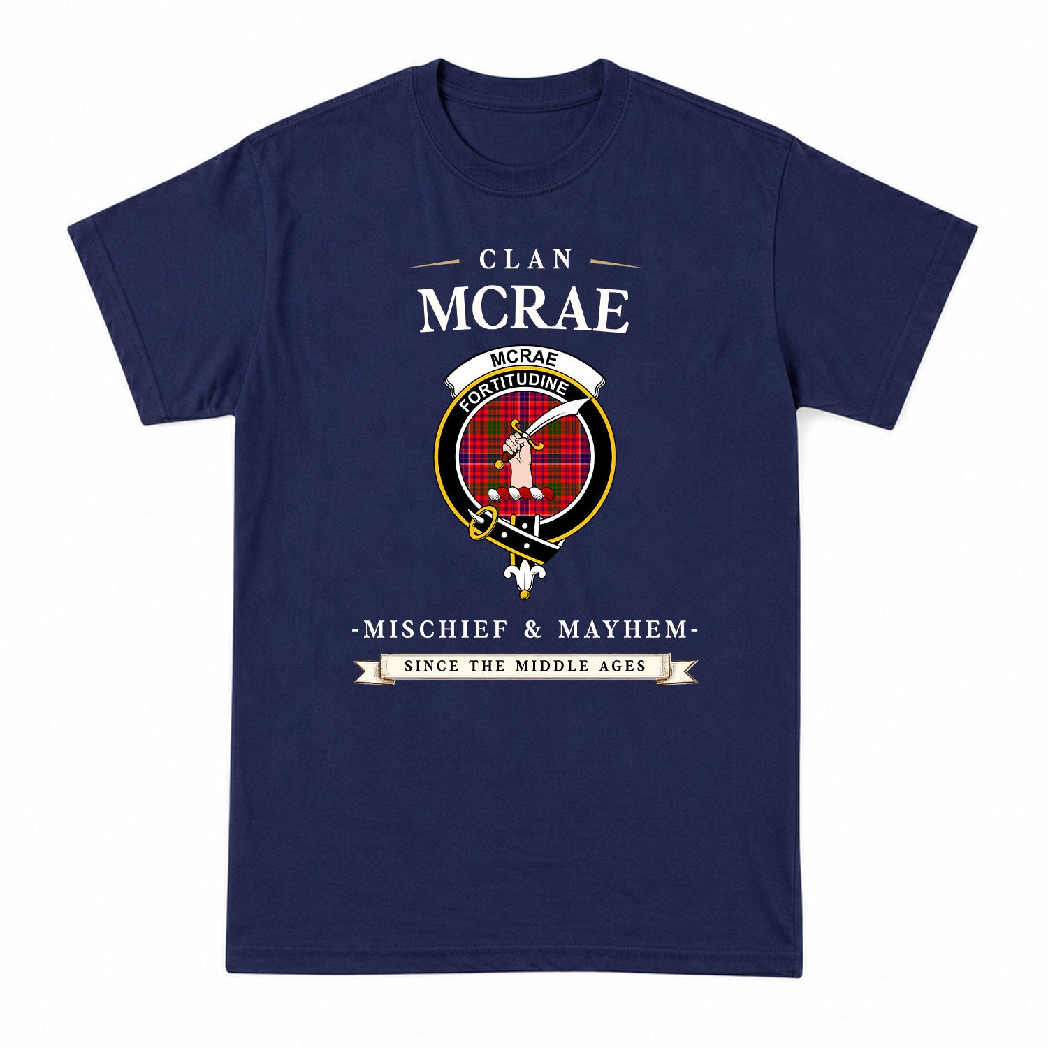 McRae Modern Tartan Crest Mischief and Mayhem T-shirt