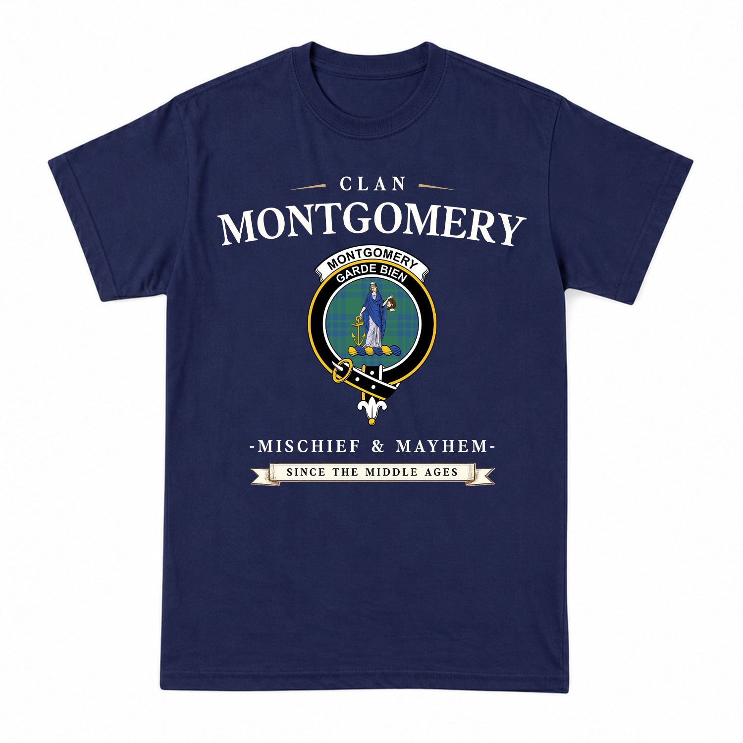 Montgomery Ancient Tartan Crest Mischief and Mayhem T-shirt