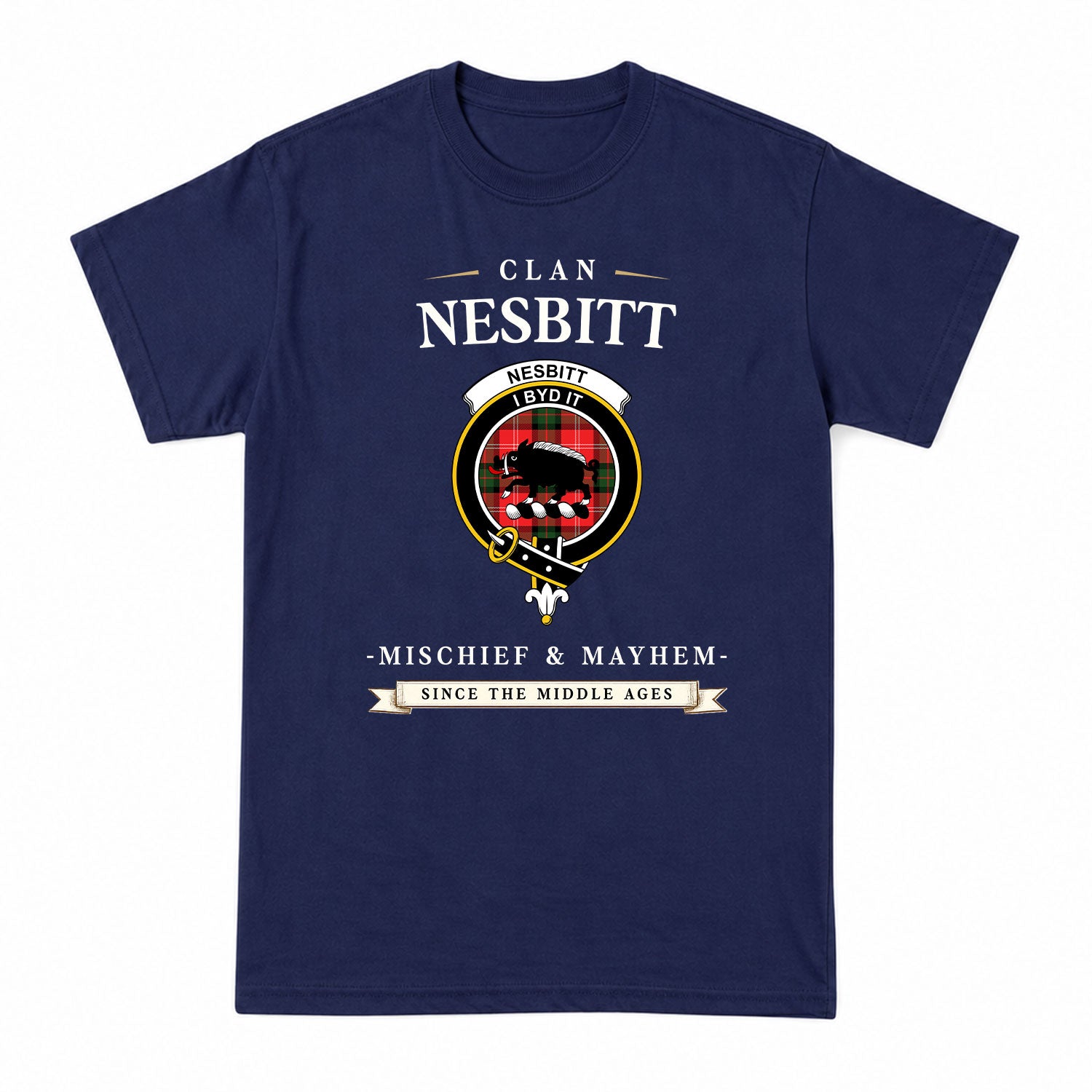 Nesbitt Modern Tartan Crest Mischief and Mayhem T-shirt