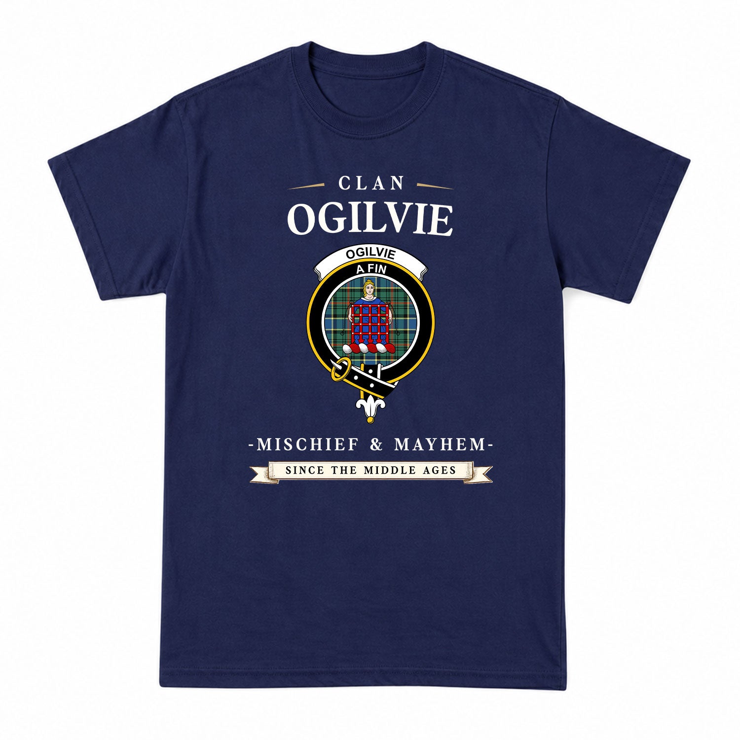 Ogilvie Hunting Ancient Tartan Crest Mischief and Mayhem T-shirt