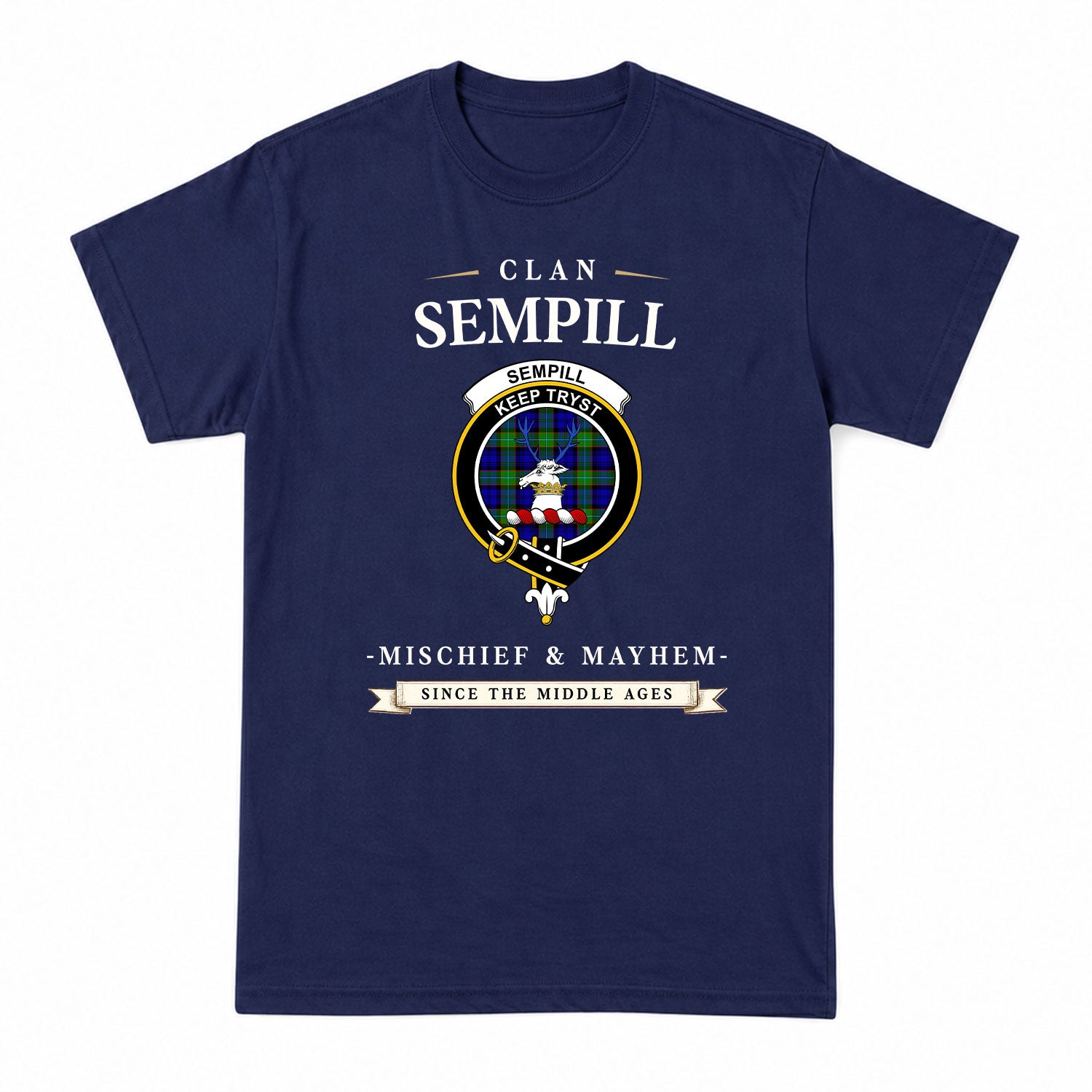 Sempill Modern Tartan Crest Mischief and Mayhem T-shirt