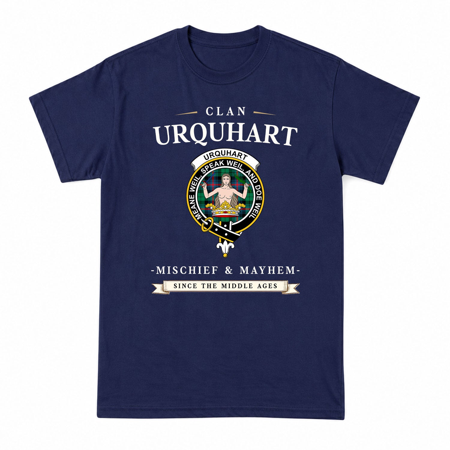 Urquhart Broad Red Ancient Tartan Crest Mischief and Mayhem T-shirt