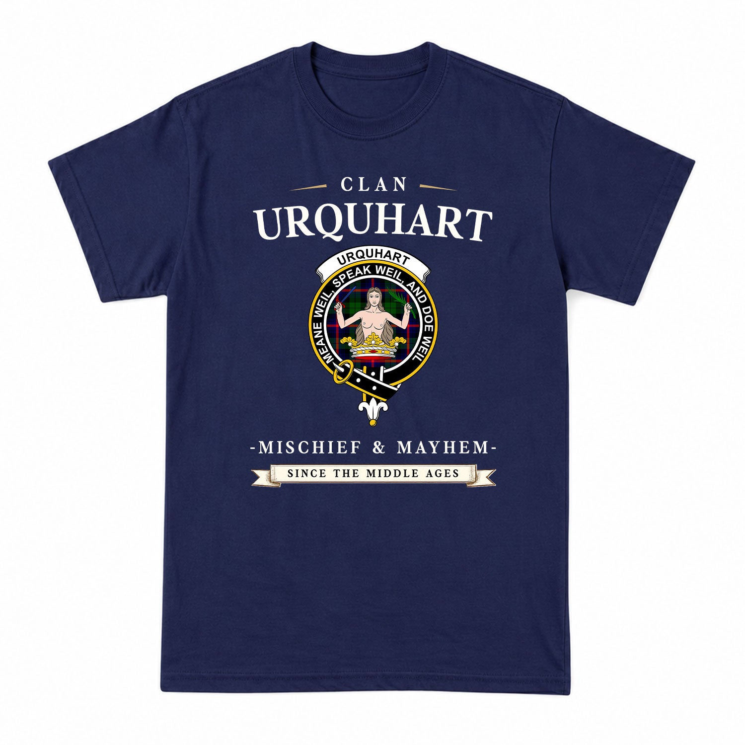Urquhart Modern Tartan Crest Mischief and Mayhem T-shirt