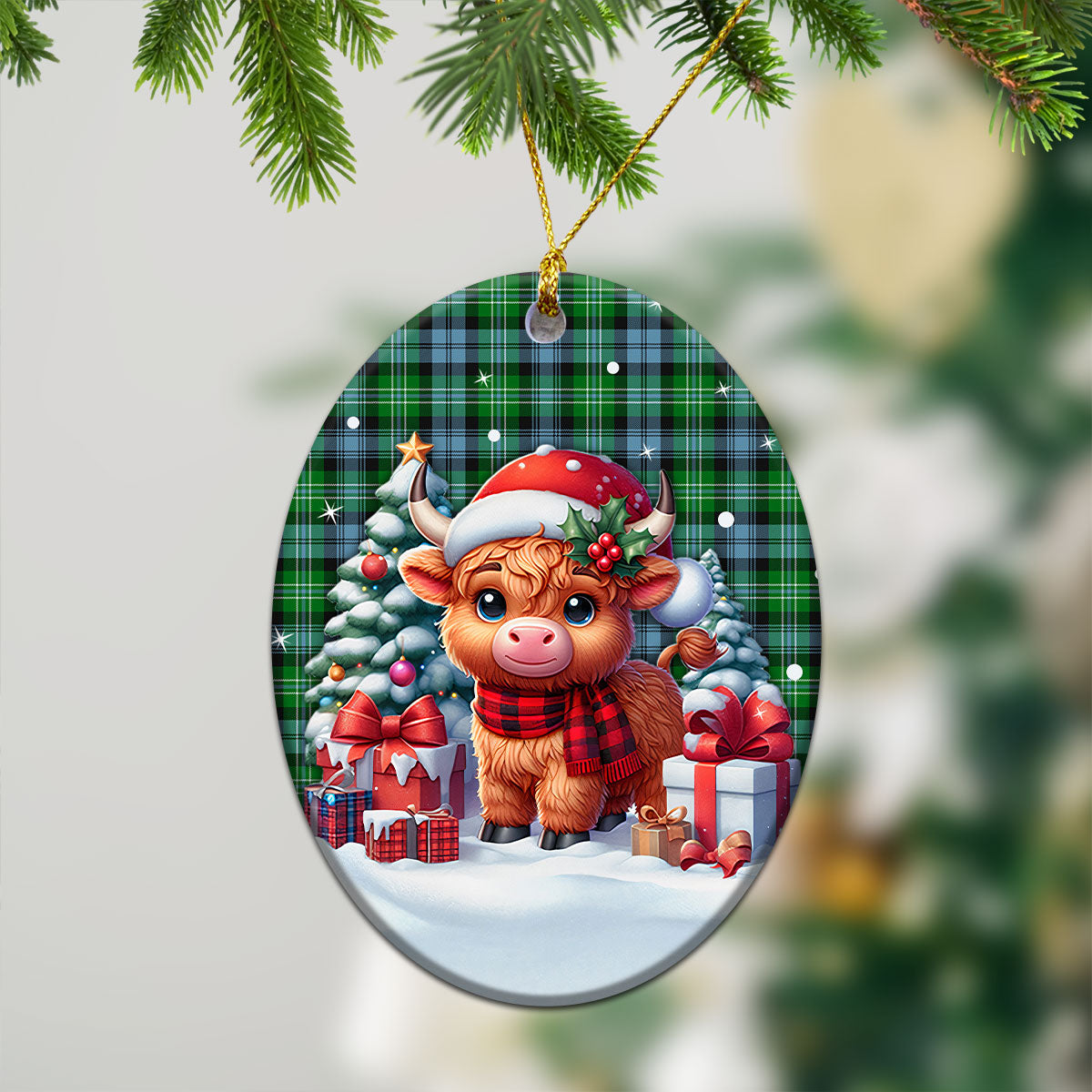 Arbuthnot Ancient Tartan Christmas Ceramic Ornament - Highland Cow Winter Style