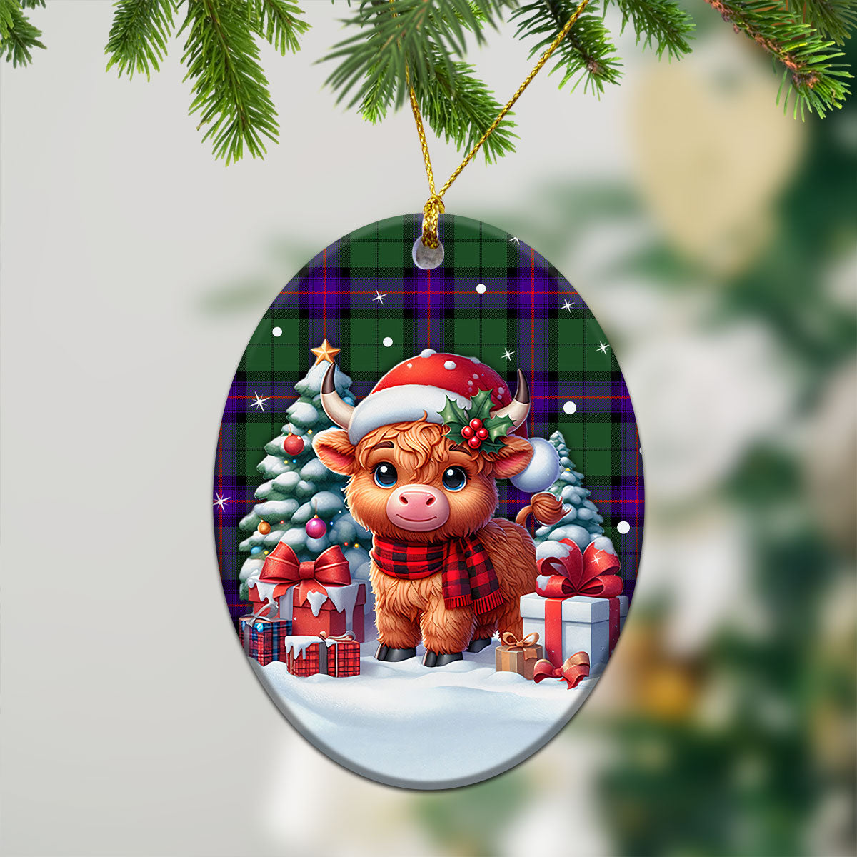 Armstrong Modern Tartan Christmas Ceramic Ornament - Highland Cow Winter Style