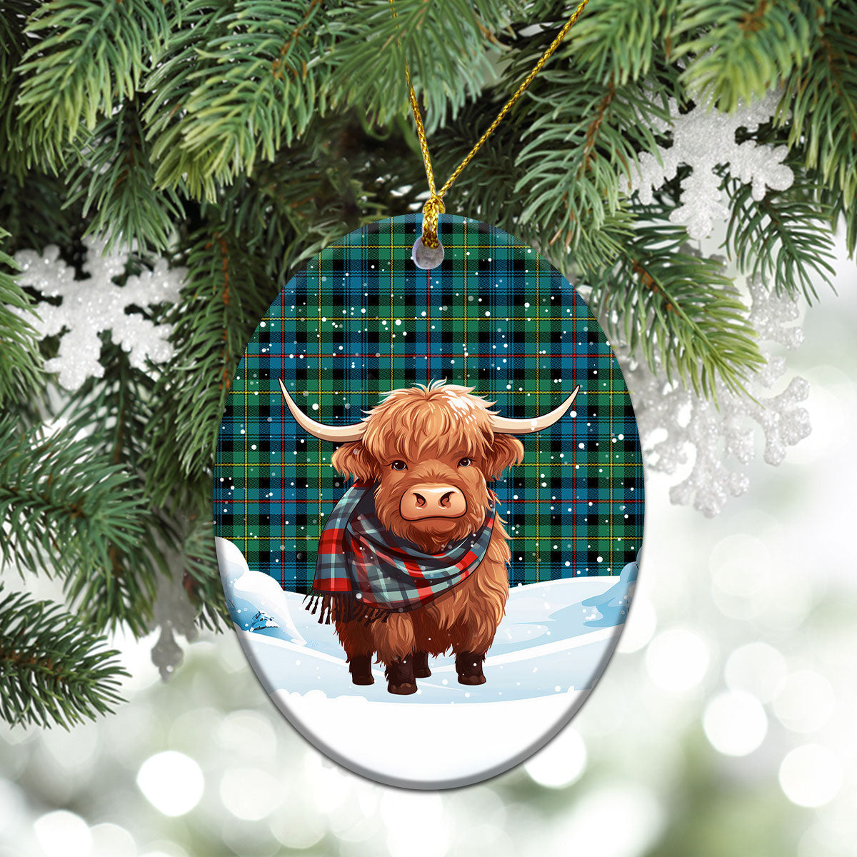 Baillie Ancient Tartan Christmas Ceramic Ornament - Highland Cows Snow Style