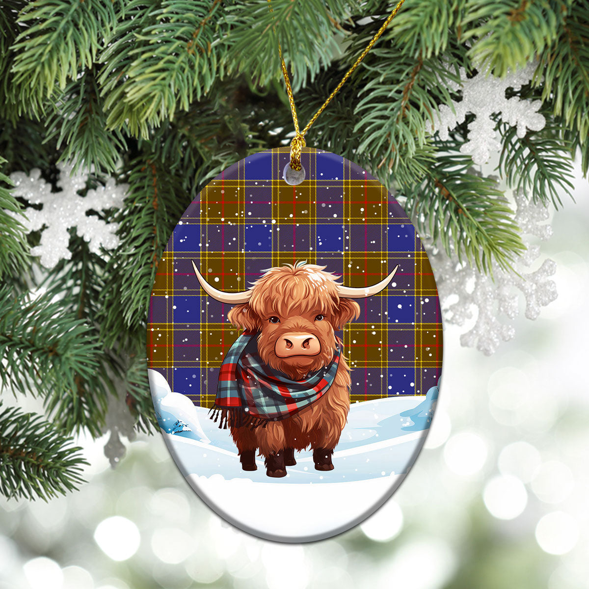 Balfour Modern Tartan Christmas Ceramic Ornament - Highland Cows Snow Style