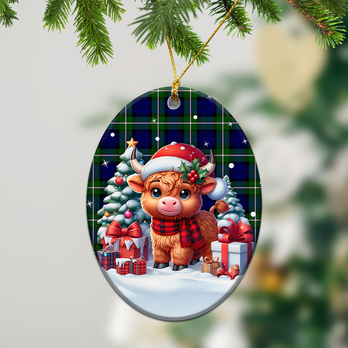 Bannerman Tartan Christmas Ceramic Ornament - Highland Cow Winter Style