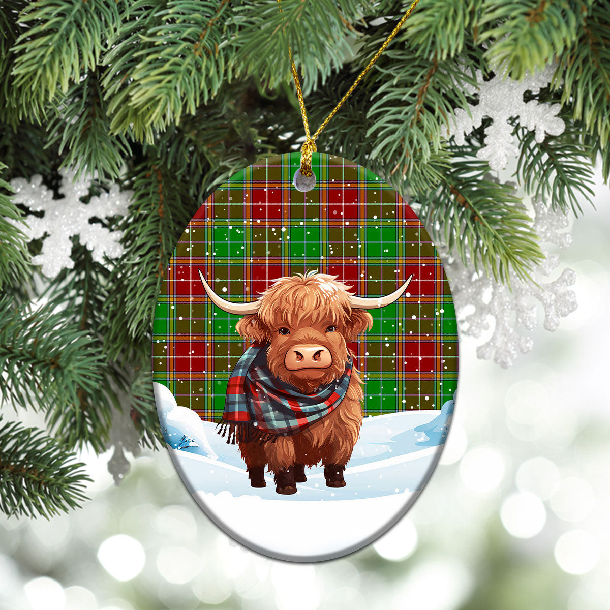 Baxter Modern Tartan Christmas Ceramic Ornament - Highland Cows Snow Style