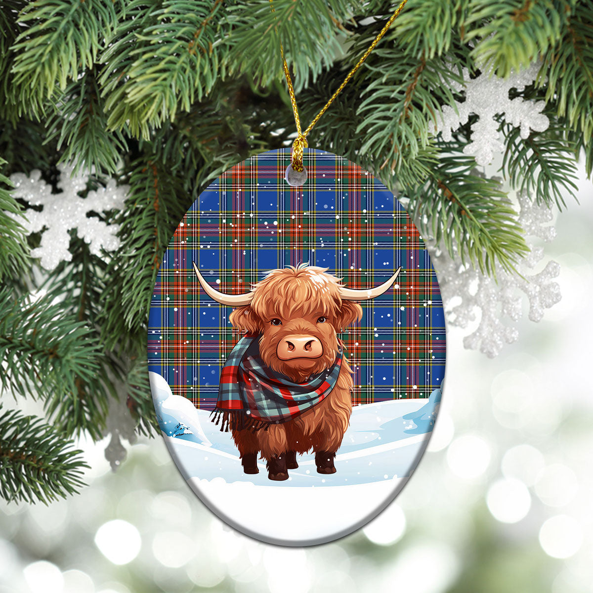 Bethune Ancient Tartan Christmas Ceramic Ornament - Highland Cows Snow Style