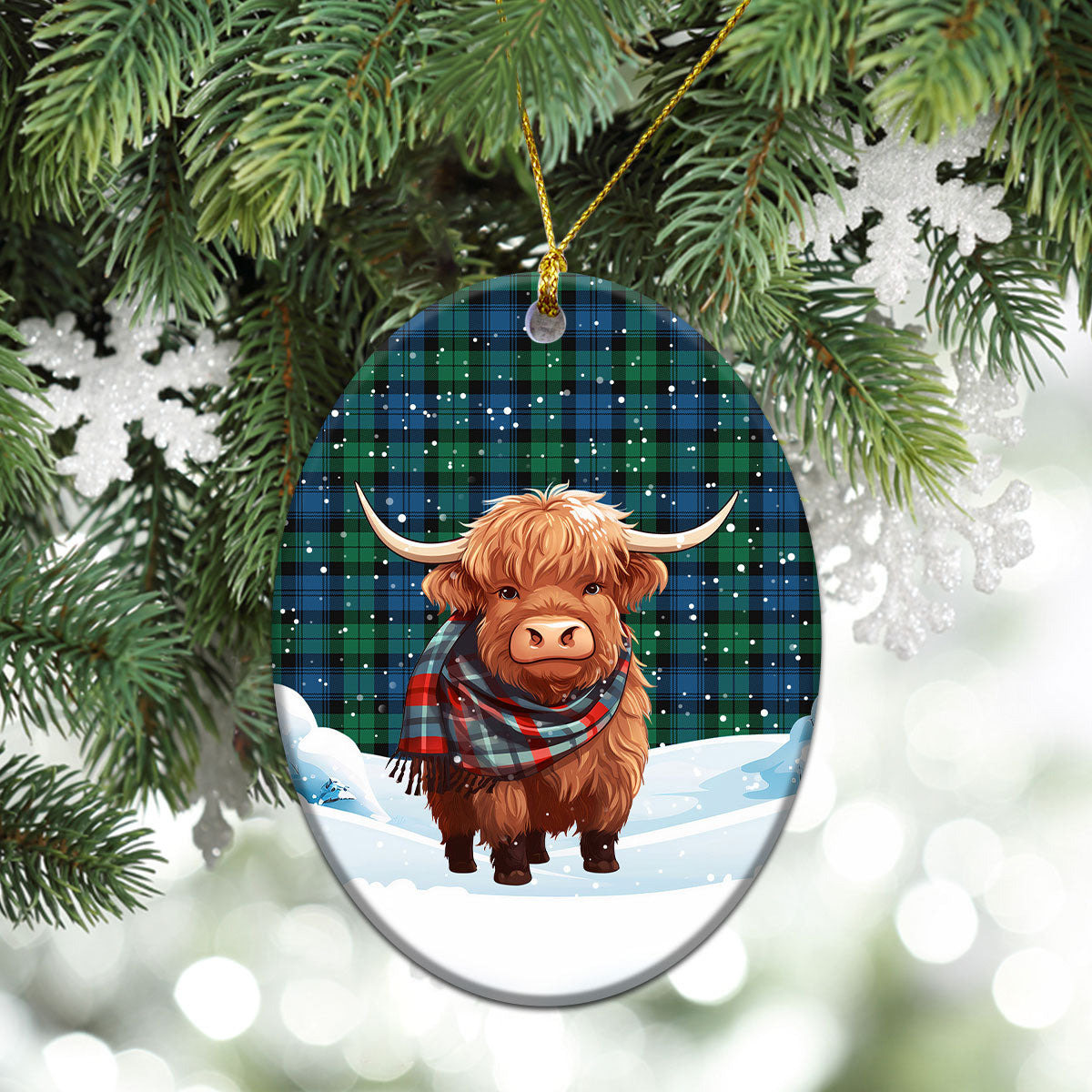 Black Watch Ancient Tartan Christmas Ceramic Ornament - Highland Cows Snow Style