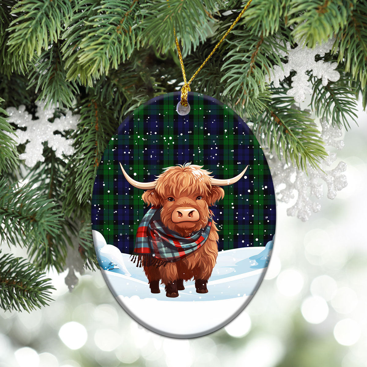 Black Watch Tartan Christmas Ceramic Ornament - Highland Cows Snow Style