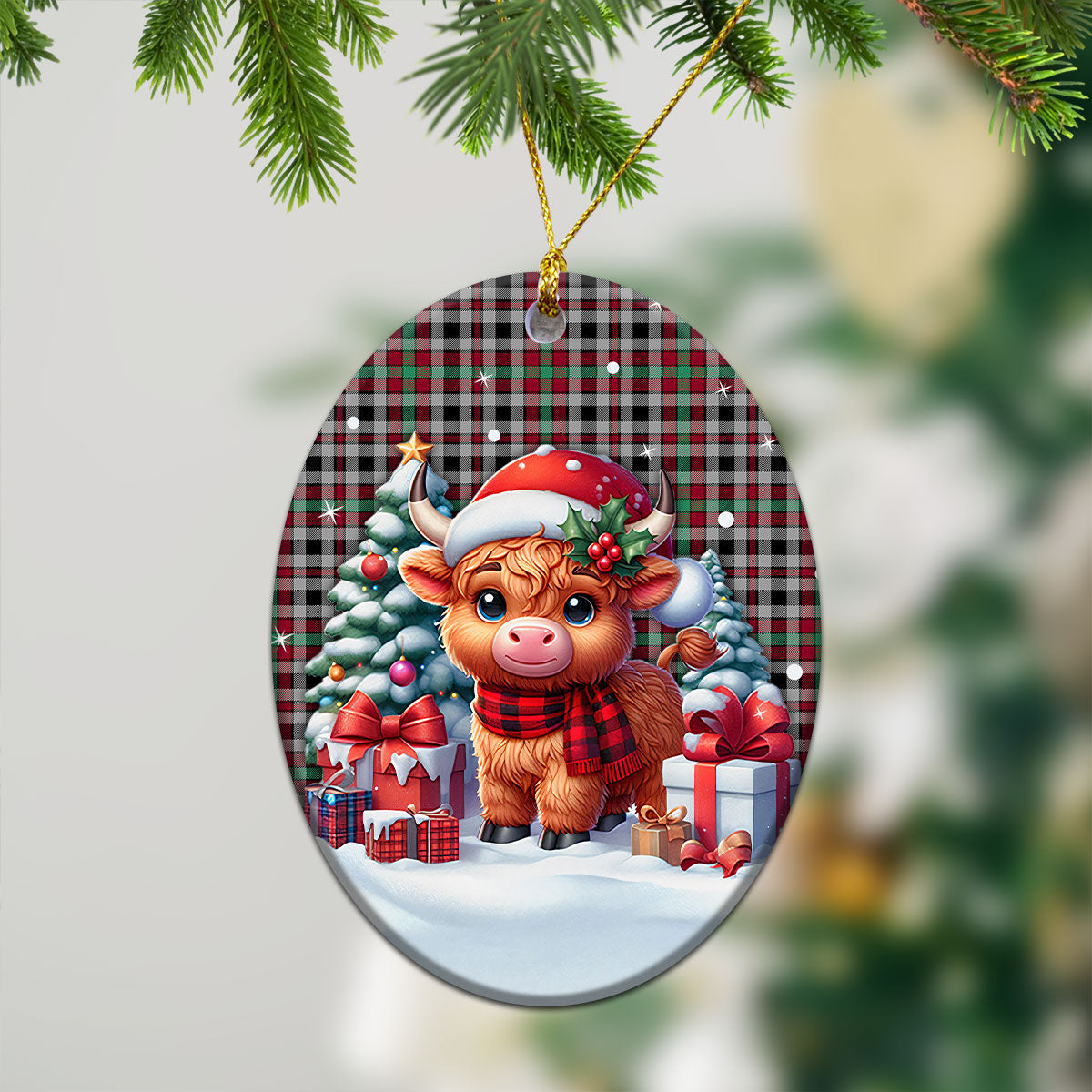 Borthwick Ancient Tartan Christmas Ceramic Ornament - Highland Cow Winter Style