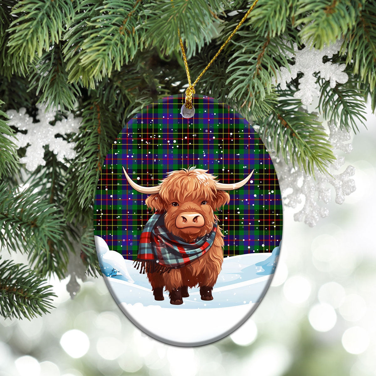 Brodie Hunting Modern Tartan Christmas Ceramic Ornament - Highland Cows Snow Style