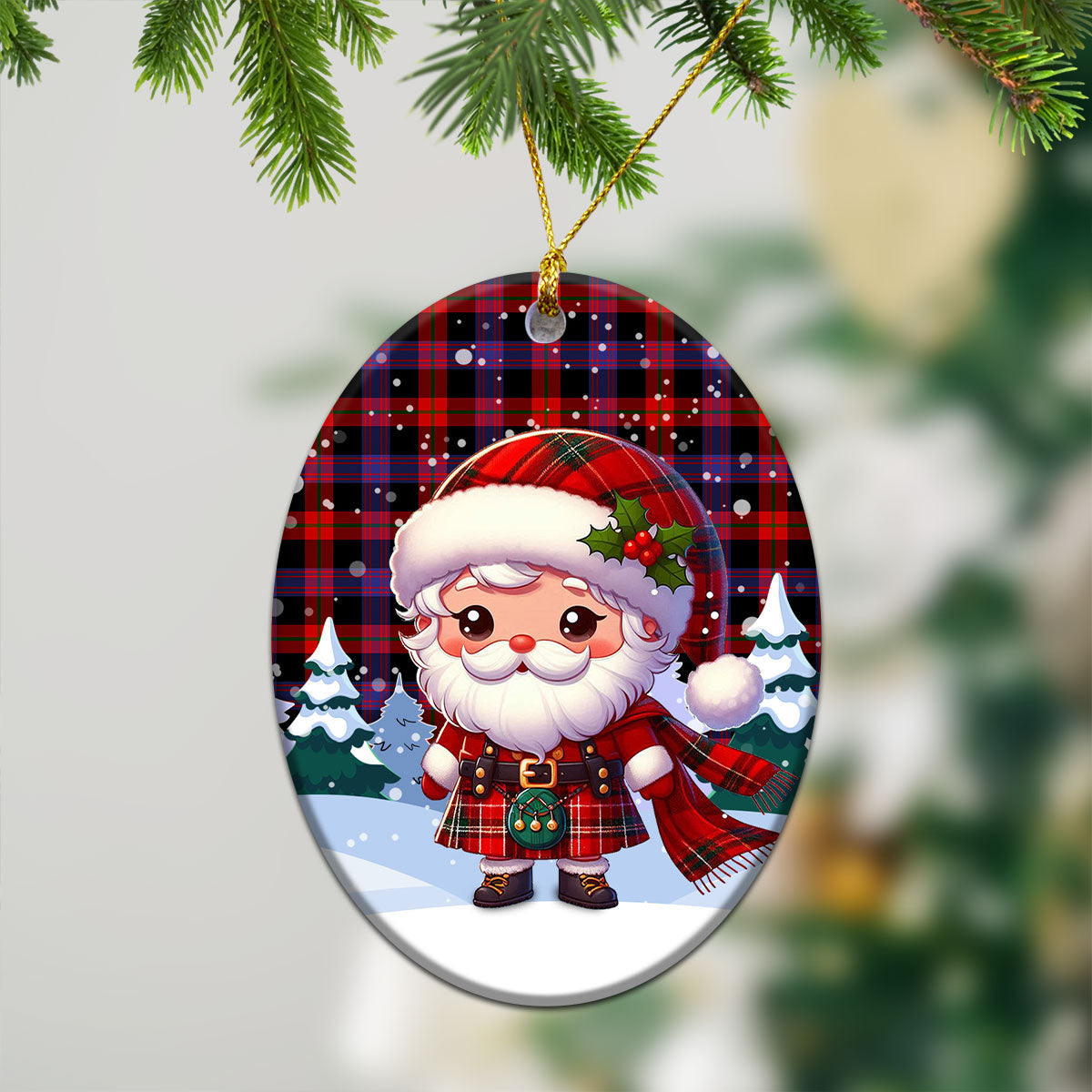 Broun Modern Tartan Christmas Ceramic Ornament - Santa Claus In Kilt Style