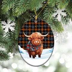 Brown Ancient Tartan Christmas Ceramic Ornament - Highland Cows Snow Style