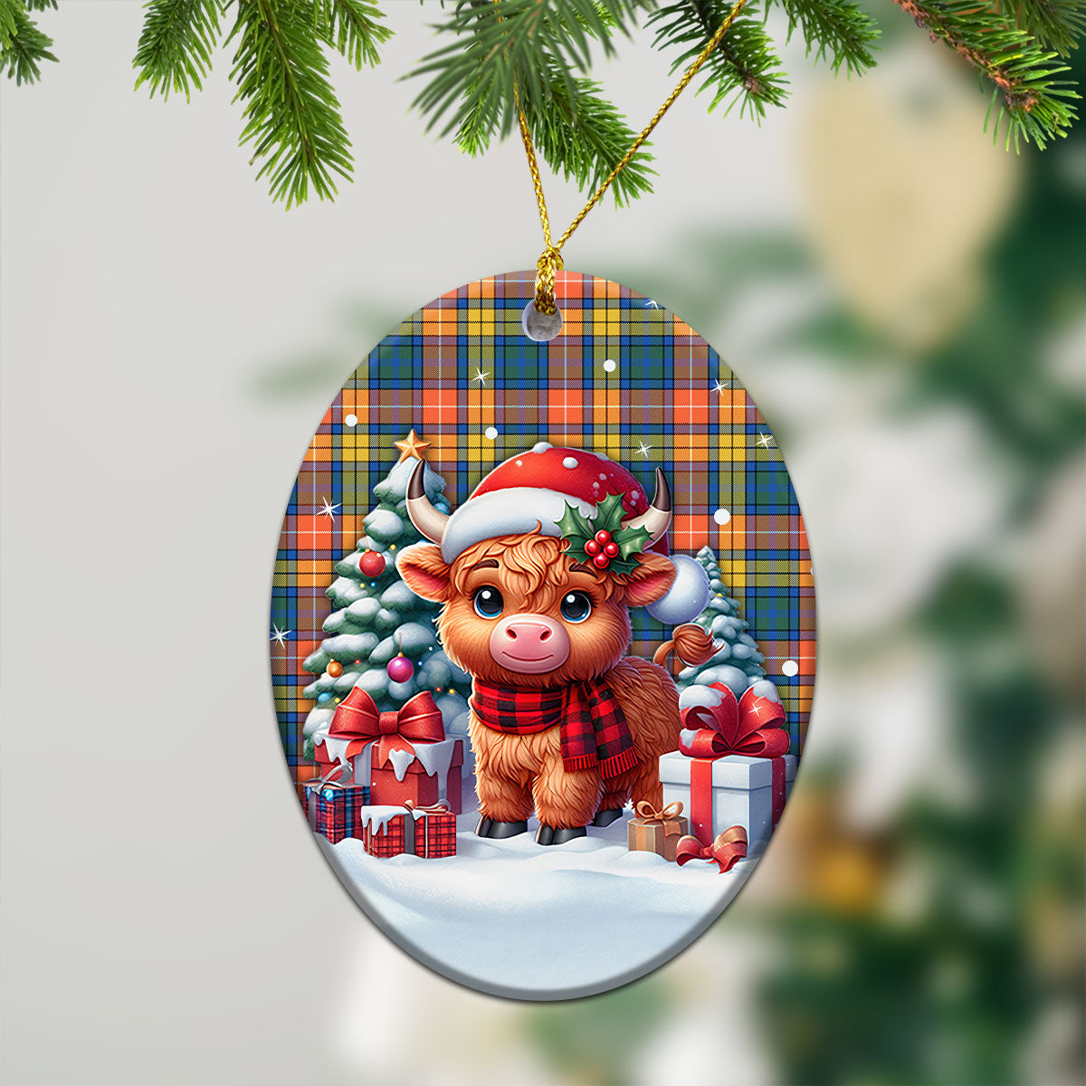 Buchanan Ancient Tartan Christmas Ceramic Ornament - Highland Cow Winter Style