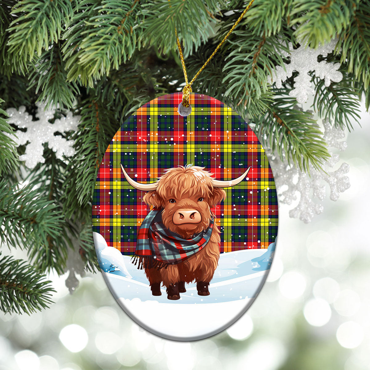 Buchanan Modern Tartan Christmas Ceramic Ornament - Highland Cows Snow Style