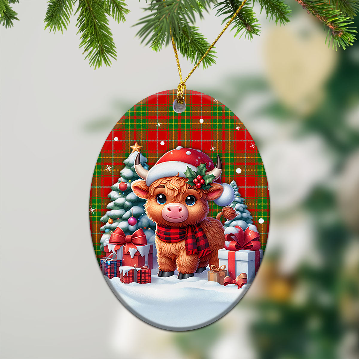 Burnett Ancient Tartan Christmas Ceramic Ornament - Highland Cow Winter Style