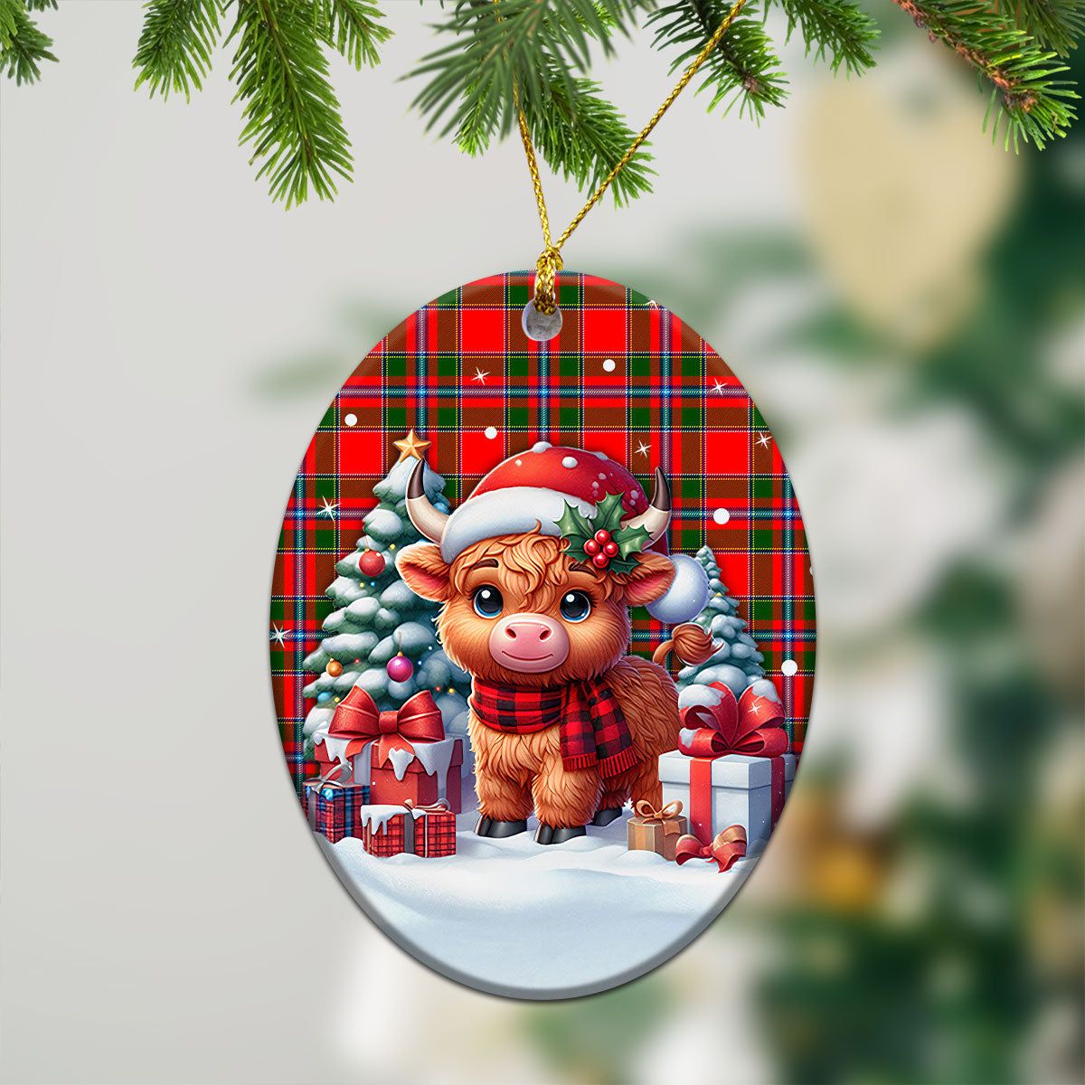 Butter Tartan Christmas Ceramic Ornament - Highland Cow Winter Style