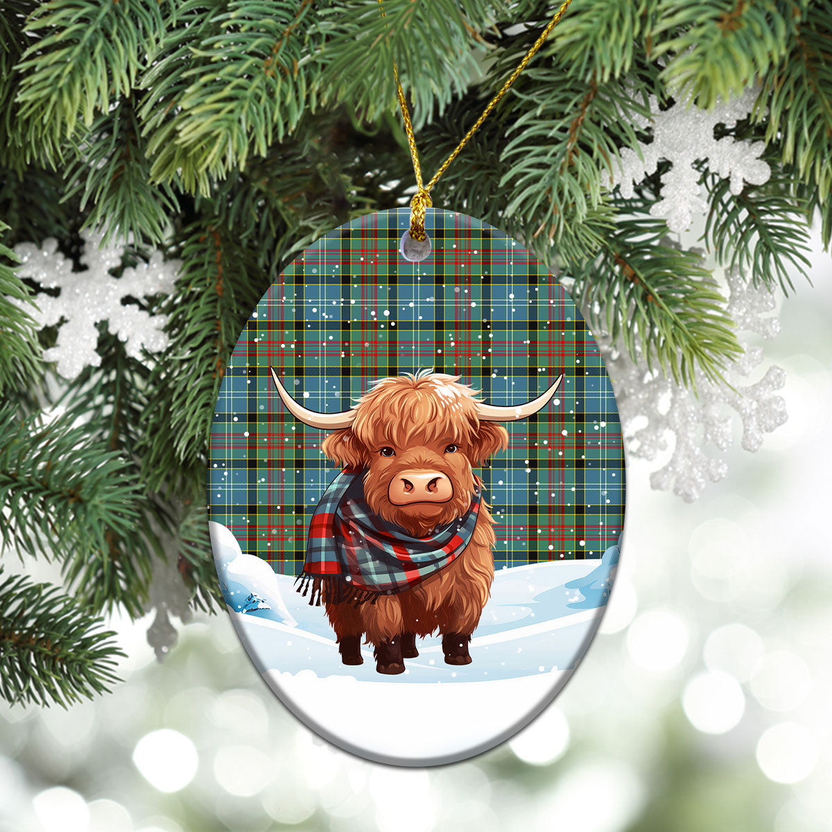 Caldwell Tartan Christmas Ceramic Ornament - Highland Cows Snow Style