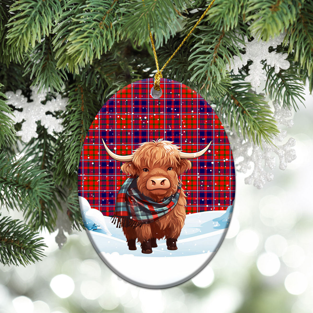 Cameron of Lochiel Modern Tartan Christmas Ceramic Ornament - Highland Cows Snow Style