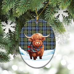 Campbell Faded Tartan Christmas Ceramic Ornament - Highland Cows Snow Style