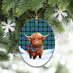 Campbell of Cawdor Ancient Tartan Christmas Ceramic Ornament - Highland Cows Snow Style