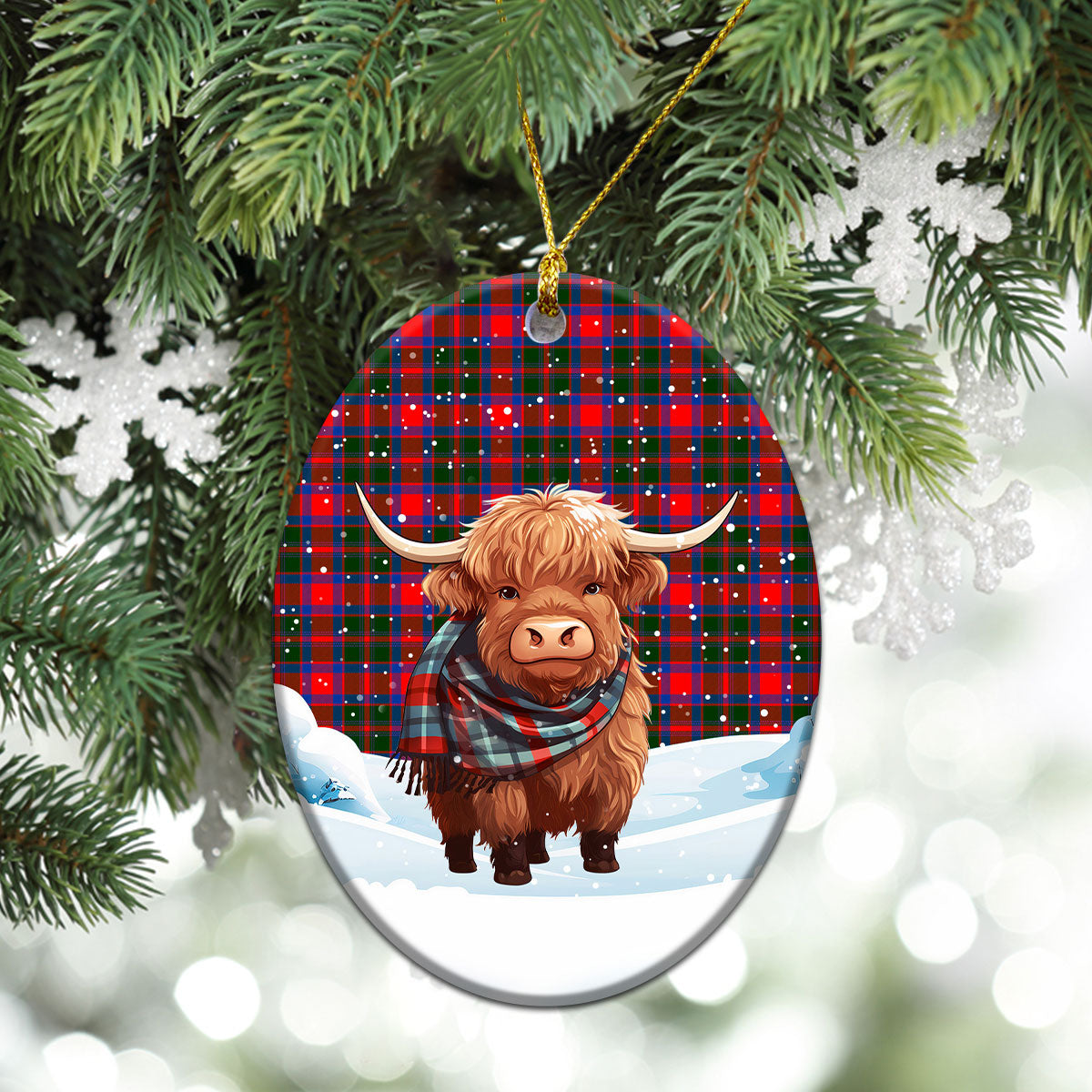 Carrick District Tartan Christmas Ceramic Ornament - Highland Cows Snow Style