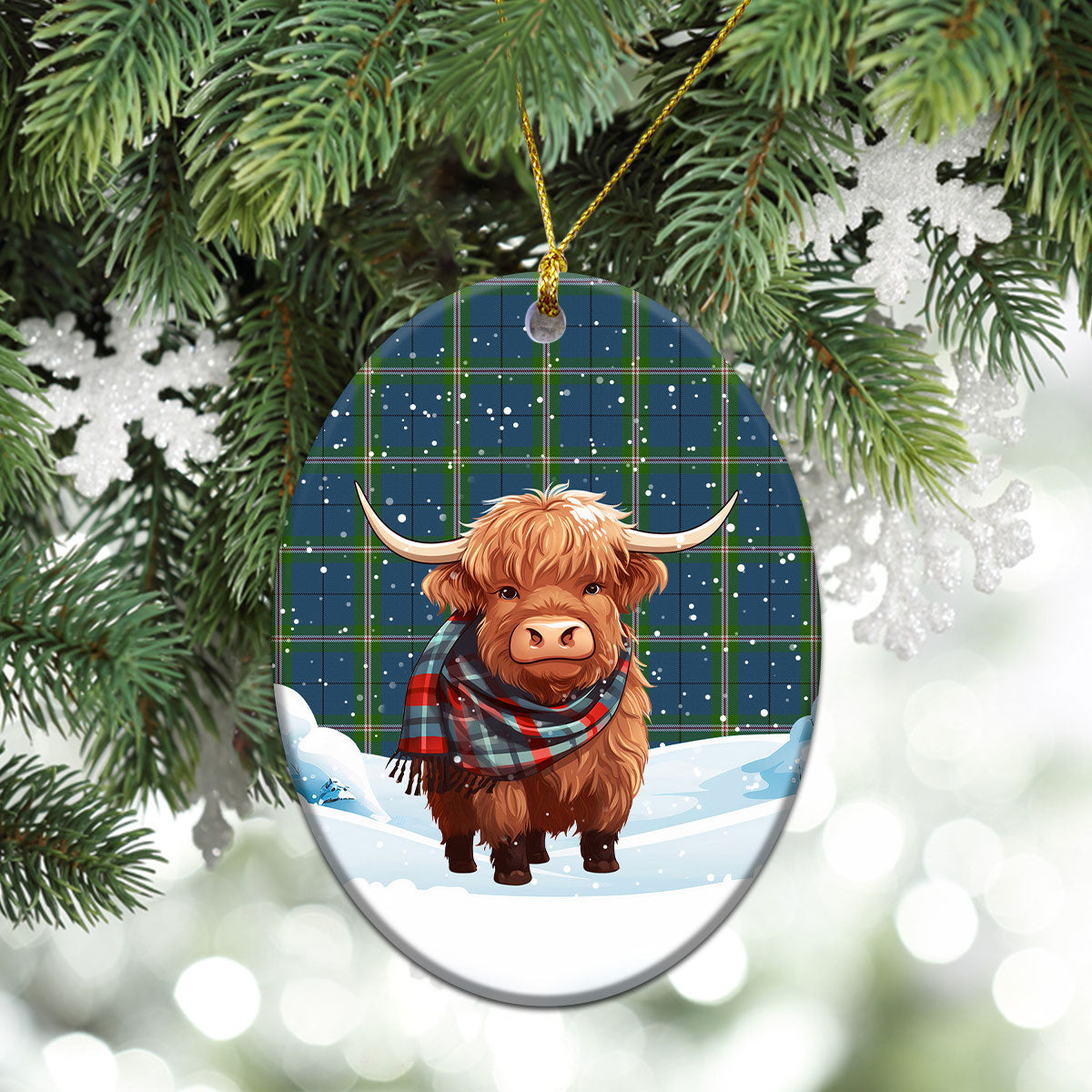 Clelland Tartan Christmas Ceramic Ornament - Highland Cows Snow Style