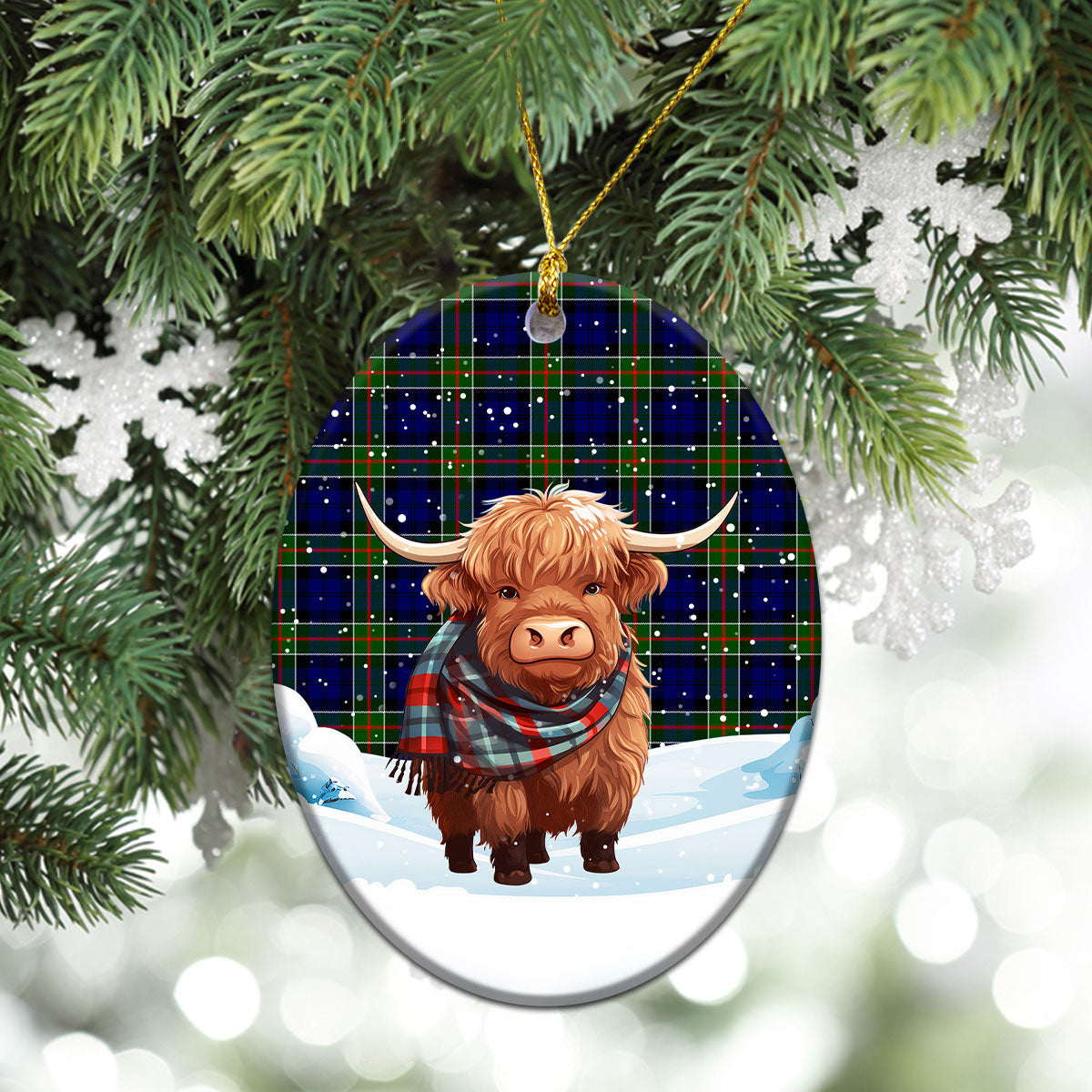 Colquhoun Modern Tartan Christmas Ceramic Ornament - Highland Cows Snow Style