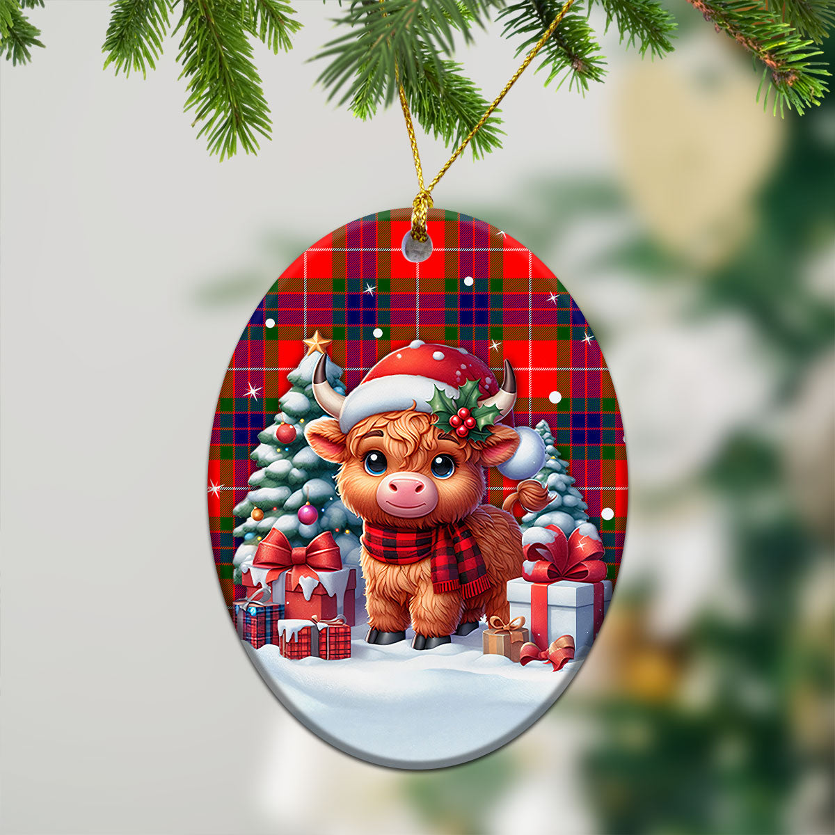 Fraser Tartan Christmas Ceramic Ornament - Highland Cow Winter Style