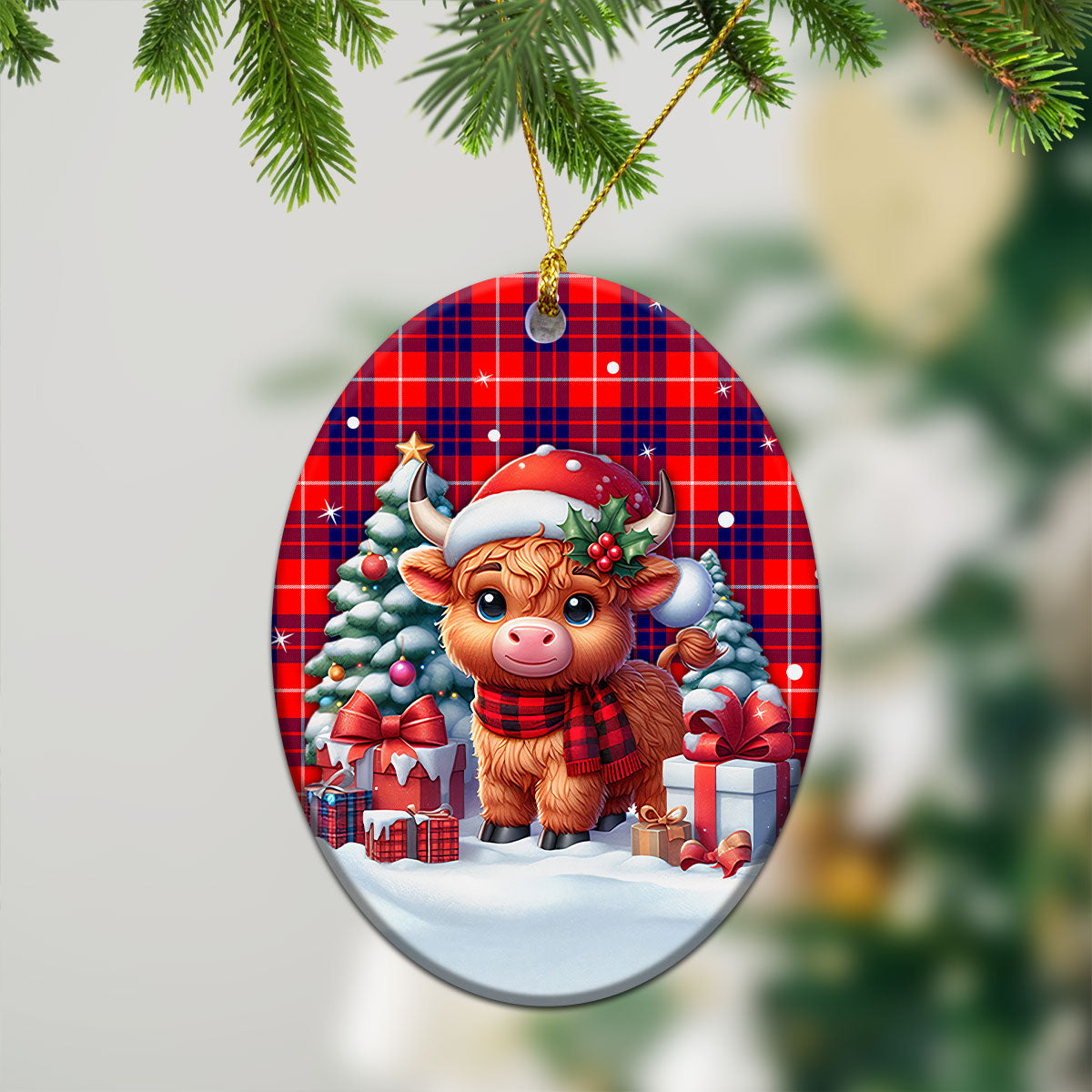 Hamilton Modern Tartan Christmas Ceramic Ornament - Highland Cow Winter Style